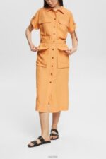 Esprit Blended linen: shirt dress with a belt Women Peach Dresses P0D0X542 - Image 2