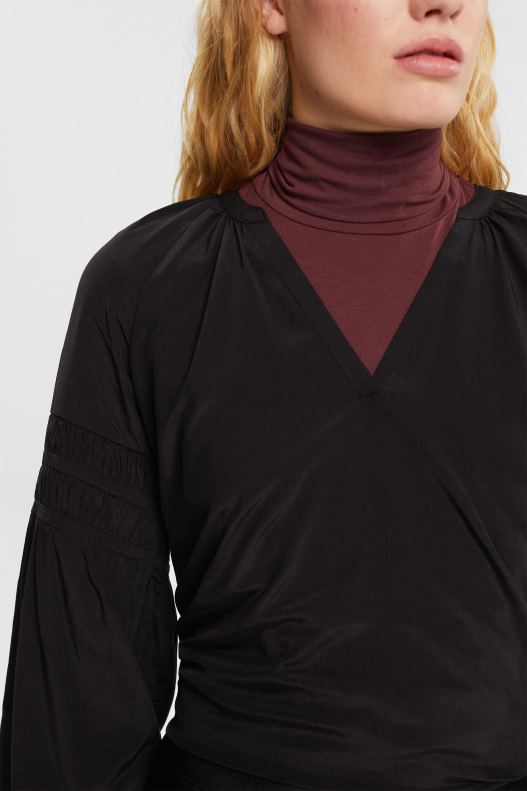 Esprit Blouse with smocked details, LENZING ECOVERO Women Black Blouses P0D0X370 - Image 3