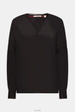 Esprit Blouse with smocked details, LENZING ECOVERO Women Black Blouses P0D0X370 - Image 5