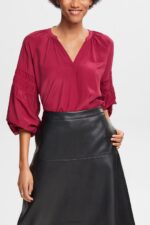 Esprit Blouse with smocked details, LENZING ECOVERO Women Cherry Red Blouses P0D0X371