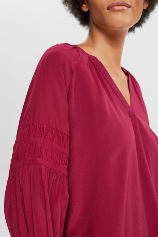 Esprit Blouse with smocked details, LENZING ECOVERO Women Cherry Red Blouses P0D0X371 - Image 3