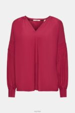 Esprit Blouse with smocked details, LENZING ECOVERO Women Cherry Red Blouses P0D0X371 - Image 5