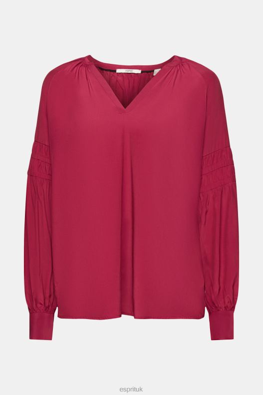 Esprit Blouse with smocked details, LENZING ECOVERO Women Cherry Red Blouses P0D0X371 - Image 5