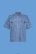 Esprit Boxy denim short-sleeved shirt Men Blue Medium Wash Shirts P0D0X670 - Image 5