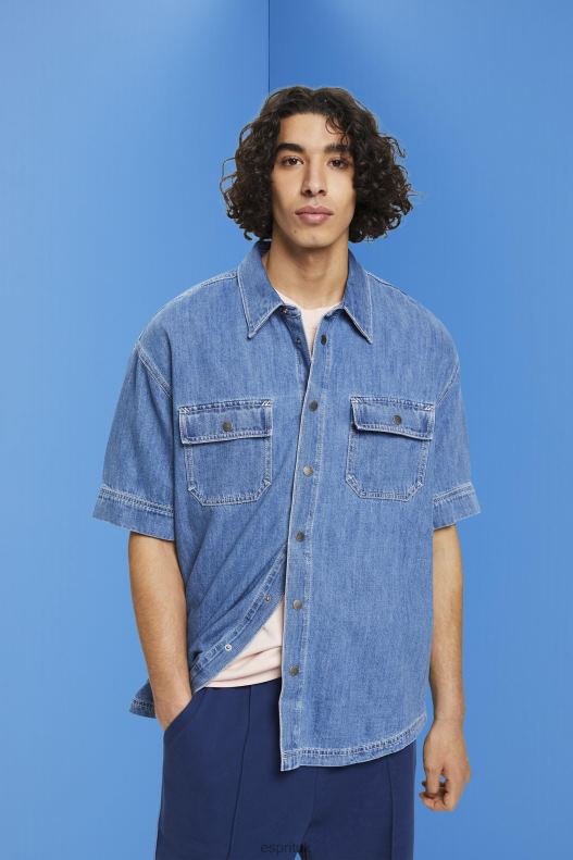 Esprit Boxy denim short-sleeved shirt Men Blue Medium Wash Shirts P0D0X670 - Image 1