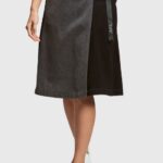 Esprit Buckle waist wrapped midi skirt Women Black Skirts P0D0X363