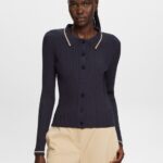 Esprit Button Front Knit Polo Top Women Petrol Blue Sweaters P0D0X22