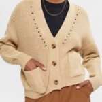 Esprit Chunky-knit cotton blend cardigan Women Sand Sweaters P0D0X392