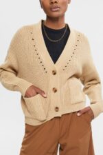 Esprit Chunky-knit cotton blend cardigan Women Sand Sweaters P0D0X392