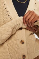 Esprit Chunky-knit cotton blend cardigan Women Sand Sweaters P0D0X392 - Image 3