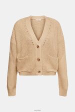 Esprit Chunky-knit cotton blend cardigan Women Sand Sweaters P0D0X392 - Image 5