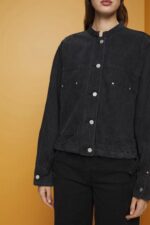 Esprit Collarless denim jacket with drawstrings Women Black Medium Wash Jackets P0D0X297 - Image 3