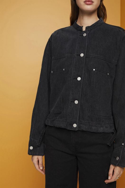 Esprit Collarless denim jacket with drawstrings Women Black Medium Wash Jackets P0D0X297 - Image 3