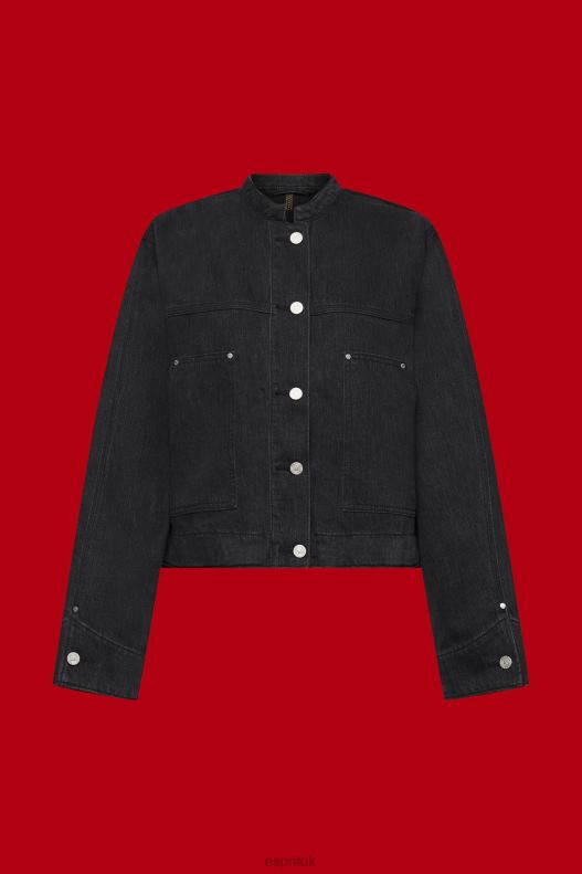 Esprit Collarless denim jacket with drawstrings Women Black Medium Wash Jackets P0D0X297 - Image 5