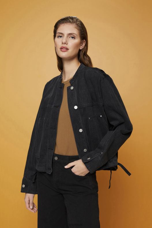 Esprit Collarless denim jacket with drawstrings Women Black Medium Wash Jackets P0D0X297 - Image 1