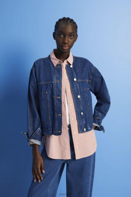 Esprit Collarless denim jacket with drawstrings Women Blue Dark Wash Jackets P0D0X298