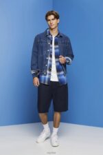 Esprit Cotton and hemp blended checquered tartan shirt Men Blue Shirts P0D0X715 - Image 2