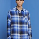 Esprit Cotton and hemp blended checquered tartan shirt Men Blue Shirts P0D0X715