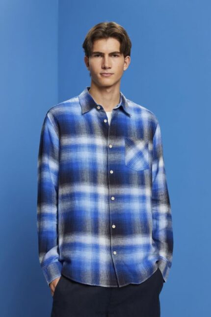 Esprit Cotton and hemp blended checquered tartan shirt Men Blue Shirts P0D0X715