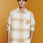 Esprit Cotton and hemp blended checquered tartan shirt Men Ice Shirts P0D0X714