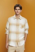 Esprit Cotton and hemp blended checquered tartan shirt Men Ice Shirts P0D0X714