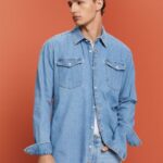 Esprit Cotton denim shirt Men Blue Light Wash Shirts P0D0X732