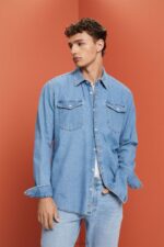 Esprit Cotton denim shirt Men Blue Light Wash Shirts P0D0X732