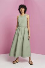Esprit Cotton Midi Dress Women Pale Khaki Dresses P0D0X184