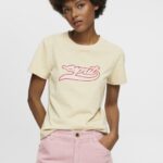 Esprit Cotton T-shirt with printed logo Women Beige T-Shirts P0D0X143