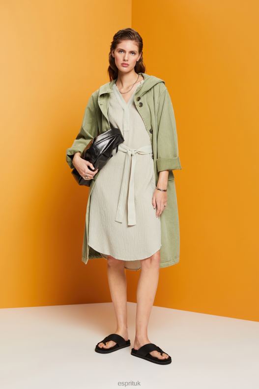 Esprit Crinkled midi dress with belt Women Dusty Green Dresses P0D0X53 - Image 2
