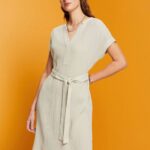 Esprit Crinkled midi dress with belt Women Dusty Green Dresses P0D0X53