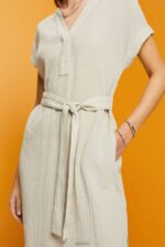 Esprit Crinkled midi dress with belt Women Dusty Green Dresses P0D0X53 - Image 3