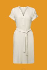 Esprit Crinkled midi dress with belt Women Dusty Green Dresses P0D0X53 - Image 5