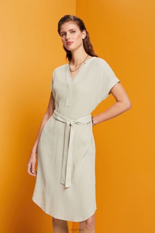 Esprit Crinkled midi dress with belt Women Dusty Green Dresses P0D0X53 - Image 1
