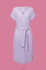 Esprit Crinkled midi dress with belt Women White Dresses P0D0X54 - Image 5