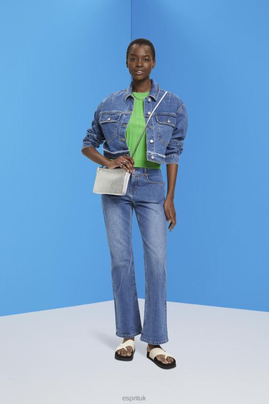 Esprit Cropped denim jacket with frayed trim Women Blue Dark Wash Jackets P0D0X311 - Image 2