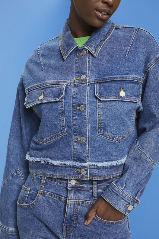Esprit Cropped denim jacket with frayed trim Women Blue Dark Wash Jackets P0D0X311 - Image 3