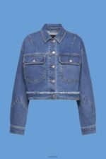 Esprit Cropped denim jacket with frayed trim Women Blue Dark Wash Jackets P0D0X311 - Image 5