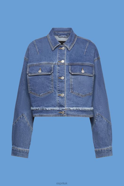 Esprit Cropped denim jacket with frayed trim Women Blue Dark Wash Jackets P0D0X311 - Image 5