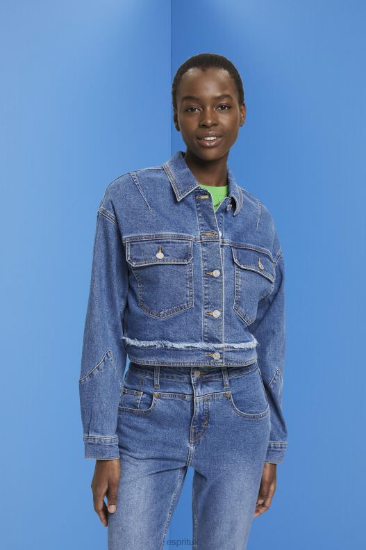 Esprit Cropped denim jacket with frayed trim Women Blue Dark Wash Jackets P0D0X311 - Image 1