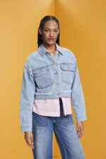 Esprit Cropped denim jacket with frayed trim Women Blue Light Wash Jackets P0D0X312