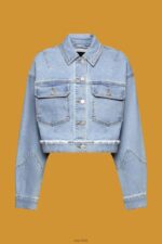 Esprit Cropped denim jacket with frayed trim Women Blue Light Wash Jackets P0D0X312 - Image 5