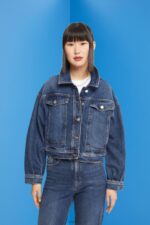 Esprit Cropped denim jacket Women Blue Medium Wash Jackets P0D0X550