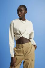 Esprit Cropped knot detail sweatshirt Women Light Taupe Sweatshirts & Hoodies P0D0X218