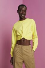 Esprit Cropped knot detail sweatshirt Women Yellow Sweatshirts & Hoodies P0D0X219