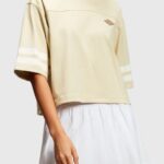Esprit Cropped varsity logo rugby tee Women Light Beige T-Shirts P0D0X412