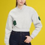 Esprit Cropped varsity patch sweatshirt Women Light Grey Sweatshirts & Hoodies P0D0X418