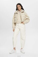 Esprit Cropped zip hoodie with logo print on the back Women Light Taupe Sweatshirts & Hoodies P0D0X163 - Image 2