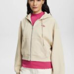 Esprit Cropped zip hoodie with logo print on the back Women Light Taupe Sweatshirts & Hoodies P0D0X163