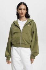 Esprit Cropped zip hoodie with logo print on the back Women Olive Sweatshirts & Hoodies P0D0X164